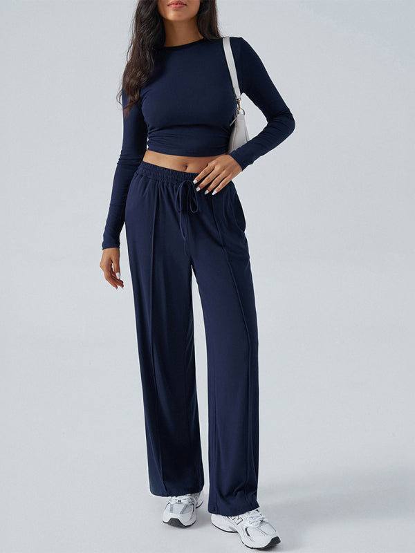 Women's Round Neck Long Sleeve Top and Wide Leg Pants Set - Cozy Fall Wardrobe