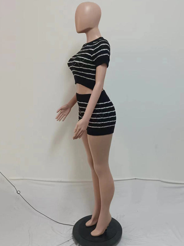 NEW ITEM! Women's Striped Short Sleeve Cropped Top and Sexy Shorts Set