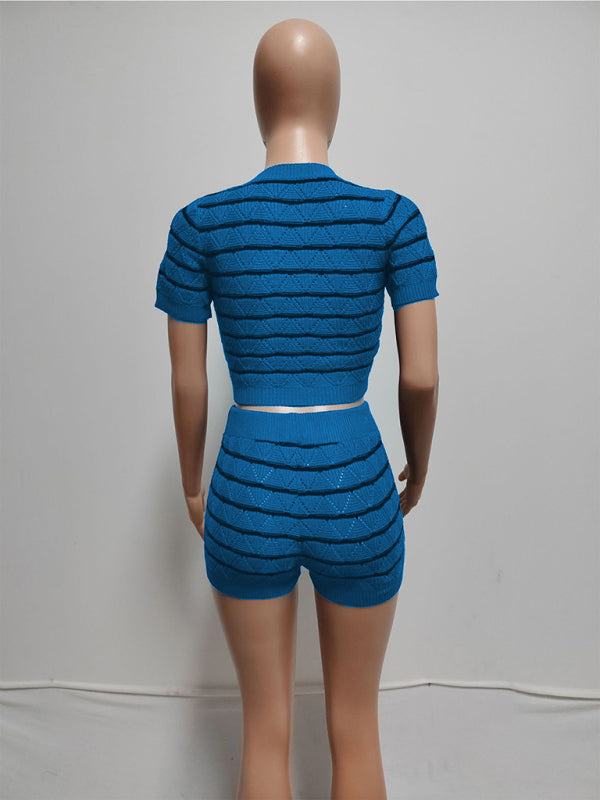 NEW ITEM! Women's Striped Short Sleeve Cropped Top and Sexy Shorts Set