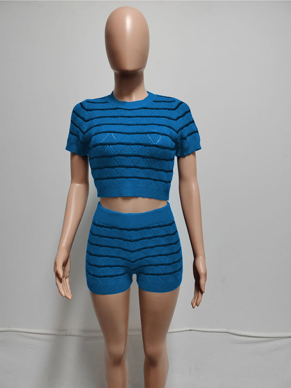 NEW ITEM! Women's Striped Short Sleeve Cropped Top and Sexy Shorts Set