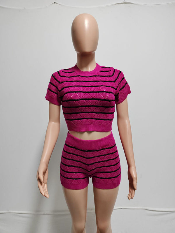 NEW ITEM! Women's Striped Short Sleeve Cropped Top and Sexy Shorts Set