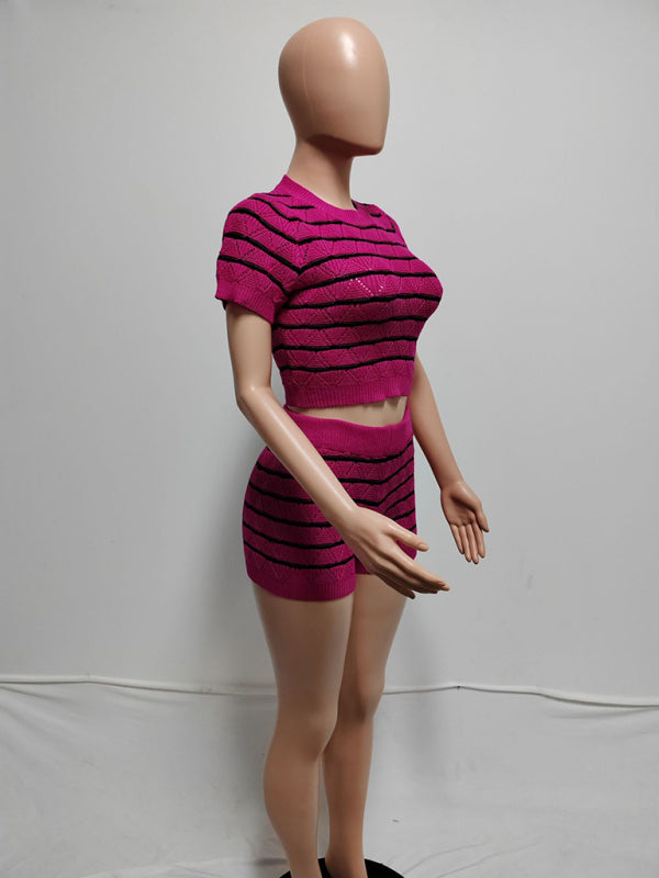 NEW ITEM! Women's Striped Short Sleeve Cropped Top and Sexy Shorts Set
