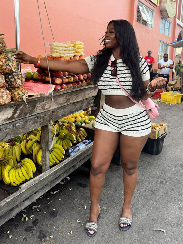 NEW ITEM! Women's Striped Short Sleeve Cropped Top and Sexy Shorts Set
