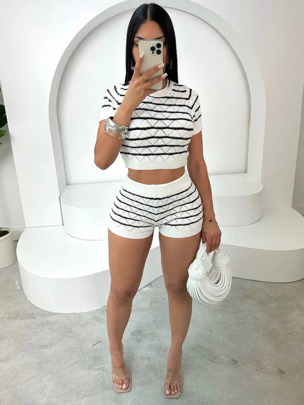 NEW ITEM! Women's Striped Short Sleeve Cropped Top and Sexy Shorts Set