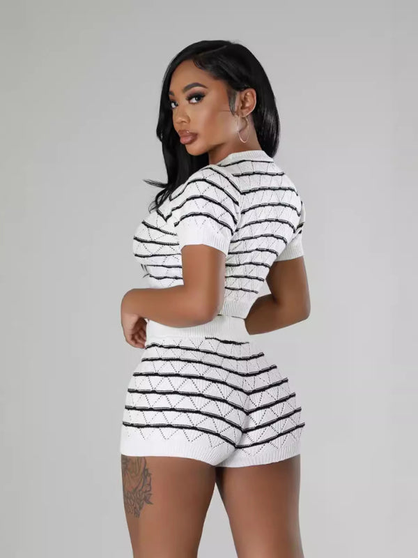 NEW ITEM! Women's Striped Short Sleeve Cropped Top and Sexy Shorts Set