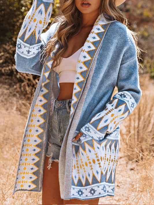 NEW ITEM! Women's Ethnic Print Long Sleeve Open Knit Cardigan with Pockets Available in Sizes S-2XL