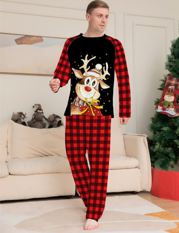 Unisex Christmas Reindeer Raglan Sleeves Plaid Print 2-Piece Cozy Christmas Holiday Pajamas Set